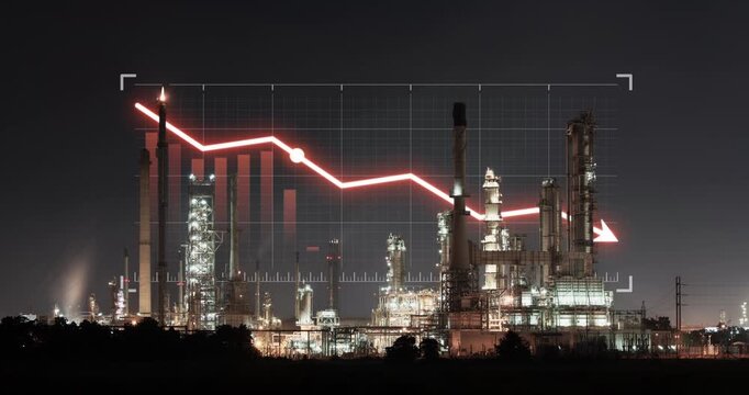 Glowing red line chart and falling bars overlay oil refinery near Laem Chabang, Thailand, at night. Downward arrow, grid and flame illustrate petroleum market downturn and energy business contraction.