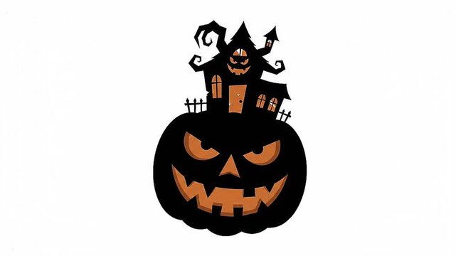 Spooky Halloween Night Silhouette with Haunted House Scary Pumpkin and Bats