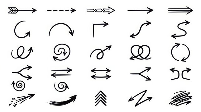 Collection of hand drawn arrow and swirl shapes on a white background