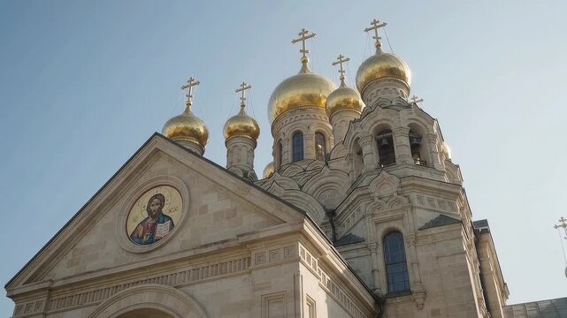 Orthodox church exterior with golden domes and mosaic icon exterior vi