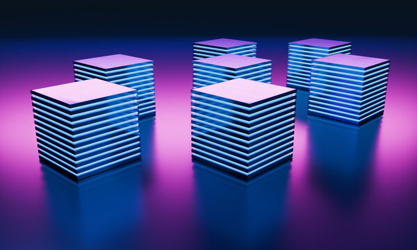Pink-topped 3D cubes glowing over a reflective floor