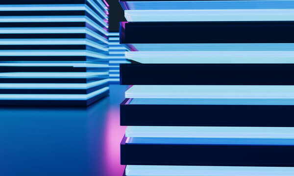 Close-up of thin 3D glass plates in neon cyan