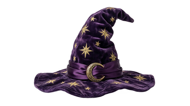 Purple velvet witch hat with gold stars and crescent moon buckle isolated on transparent background