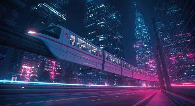 Futuristic cityscape with glowing neon train and skyscrapers at night