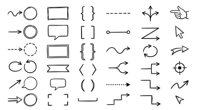 Collection of hand drawn line art icons and symbols on a white background