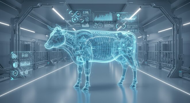 Futuristic digital cow hologram in high-tech server room with glowing blue data visualization