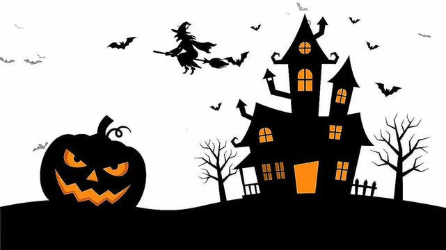 Spooky Halloween Night Silhouette with Haunted House Scary Pumpkin and Bats