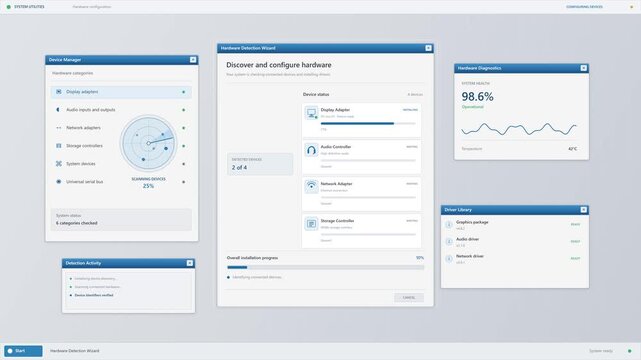 Computer Hardware Configuration and System Diagnostics UI Dashboard Animation