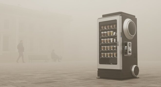 Futuristic vending machine on empty beach with retro aesthetic and hazy atmosphere