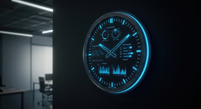 Futuristic blue digital clock on modern dark wall in minimalist office setting