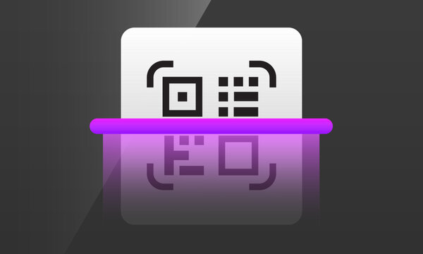 QR code scanning process vector illustration with glowing purple laser line scanner