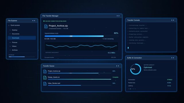 Futuristic File Transfer Dashboard Interface with HUD Graphics Animation