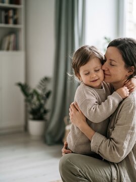 Mother embracing and kissing young child at home. Family affection and parent-child bond. Parenting, nurturing care and childhood. Warm intimate moment with copy space.