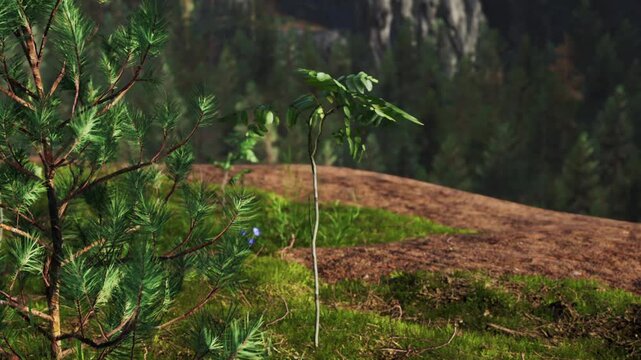 Sunlight illuminates a young pine tree and a slender sapling standing on a green slope with dirt patches