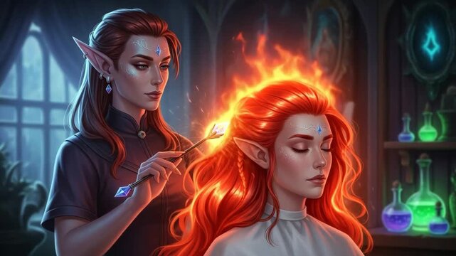 Elf mage brushes the hair of an elf with red hair inside a magic room