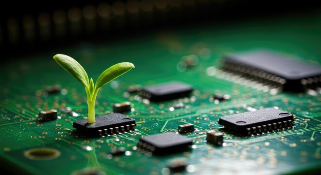 Green sprout growing from a green circuit board representing technology and nature fusion