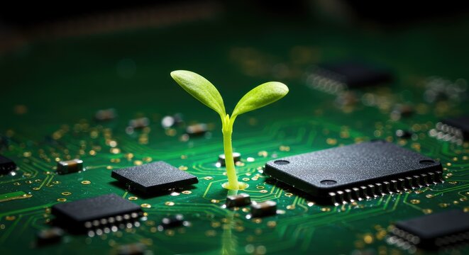Green sprout growing from futuristic circuit board symbolizing innovation and technology growth