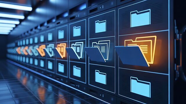 Futuristic server room with glowing blue folder on black cabinets and highlighted orange folders representing digital data storage and management