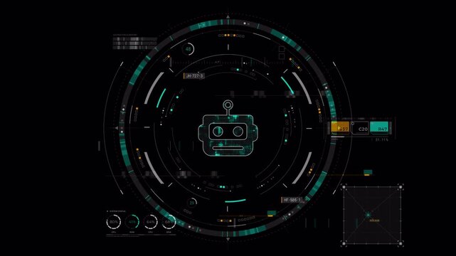 Motion graphic of a robot icon in a futuristic HUD, with rotating indicators and a glowing technology interface designed for robotics presentations and automation; alpha channel included.