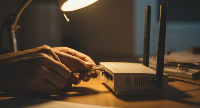 Hands adjusting wireless router on wooden desk with warm desk lamp lighting