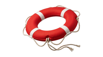 Round red life buoy with white stripes and rope for marine safety emergency rescue nautical equipment. © Highres