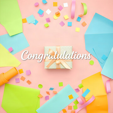 Congratulations vibrant pastel flat lay banner with confetti and gift box