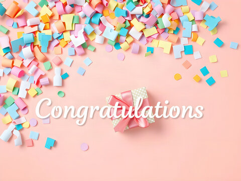 Congratulations vibrant pastel flat lay banner with confetti and gift box