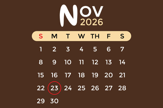 November 23, 2026 calendar in white and cream colors against a brown background