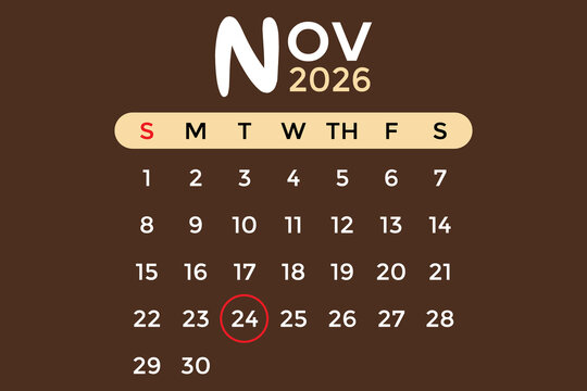 November 24, 2026 calendar in white and cream colors against a brown background
