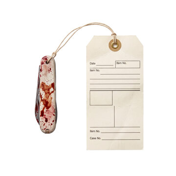 Bloody pocket knife with evidence tag isolated on transparent background