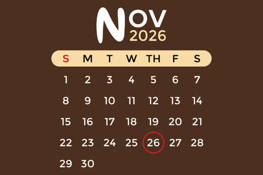 November 26, 2026 calendar in white and cream colors against a brown background