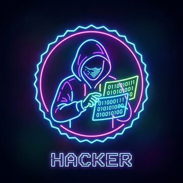 Cyberpunk hacker silhouette holding binary code screen with neon glow effect