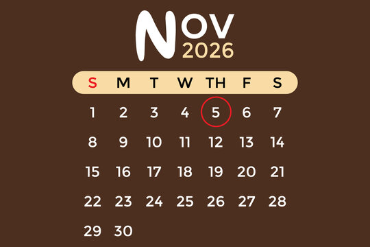 November 5, 2026 calendar in white and cream colors against a brown background