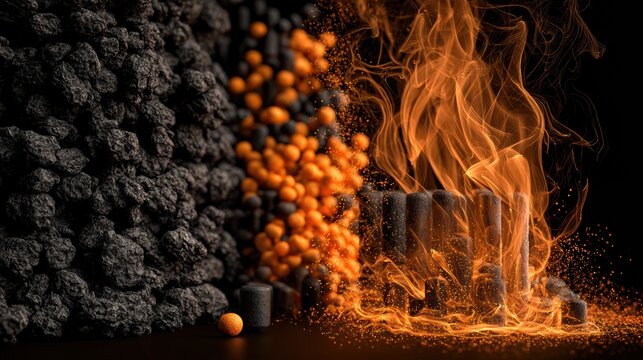 Uranium fuel pellets are displayed beside large quantities of coal and other energy sources on a dark background, showing energy density comparison.