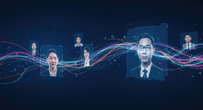 Futuristic digital network connecting professional faces with glowing data streams