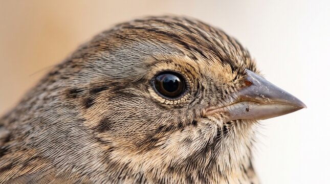Generated with AI. Macro close-up of brown sparrow eye and fine striped facial feathers.