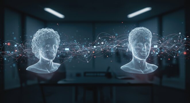 Futuristic digital twin holograms of human heads with glowing particle effects in tech workspace