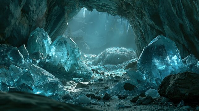 Large blue glowing crystals inside a dark cavern with an opening to the outside