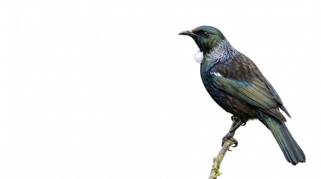 Generated with AI. Iridescent dark tui bird standing upright on a twig against white.