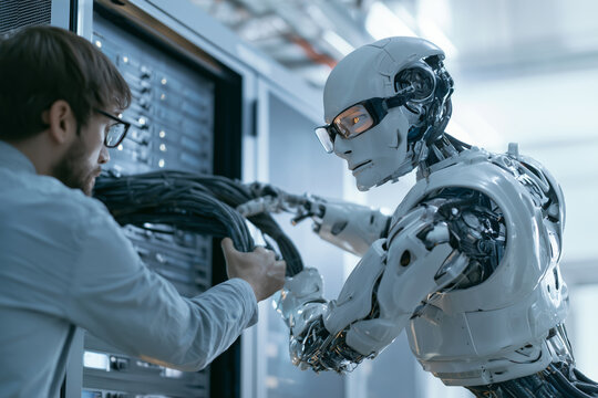 Engineer working with a humanoid robot connected to server equipment in a high tech laboratory, concept of artificial intelligence development, control and AI safety