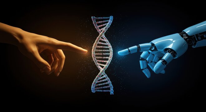 Futuristic human and robotic hands pointing at a DNA helix symbolizing biotechnology innovation