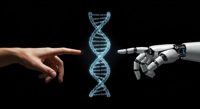 Futuristic robotic hand and human finger pointing at glowing DNA helix against black background