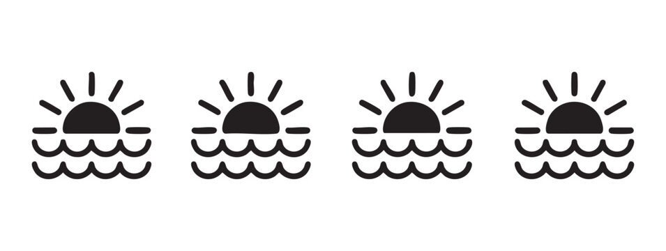 Sunset and Ocean Waves Vector Design and  Featuring Sun Rays Sea Water Horizon Line  Symbol Icon Set