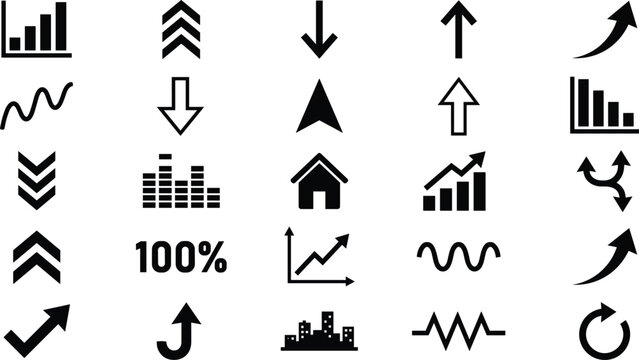 Black vector diagram infographic elements showing growth trends stock market variations directions charts and analytic pointers