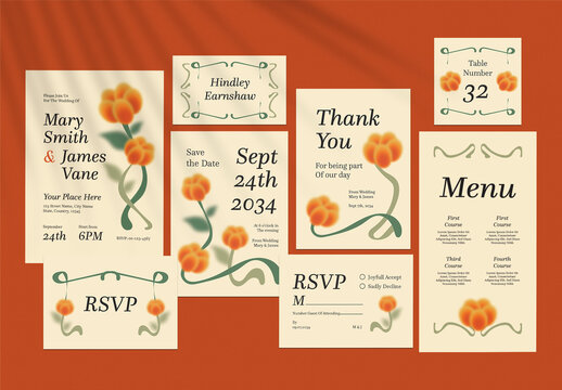 Orange and Light Yellow Modern Minimalist Blurred Wedding Invitation Set