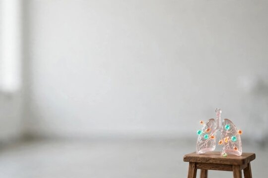 Transparent human lungs model with virus cells on wooden stool