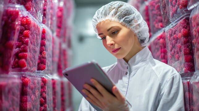 A woman in a white lab coat and hairnet uses a tablet to check fresh blueberries in a packing station Food Quality Control concept.