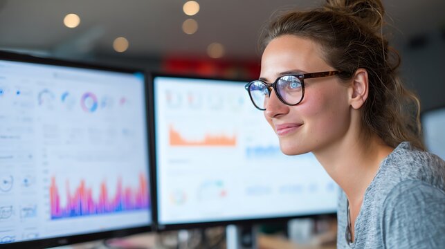 happy analyst checking dashboard