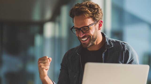 cheerful entrepreneur using laptop