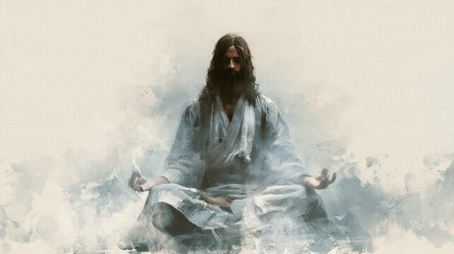 Jesus Christ in Deep Meditation Surrounded by Soft Watercolor Tones in a Serene Atmosphere